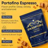 Passport Coffee Portofino Espresso - Medium-Light roast blend from Ethiopia, Costa Rica, Guatemala & Brazil. Flavor notes of caramel & brown sugar