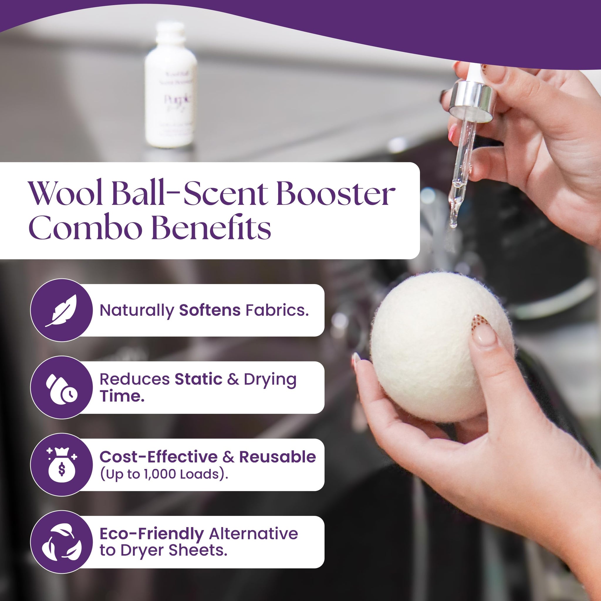 Purple Duck Wool Dryer Balls with Scent Booster - Reusable Dryer Balls for Laundry, Softens Fabrics, Reduces Static, Includes Scent Booster - Linen