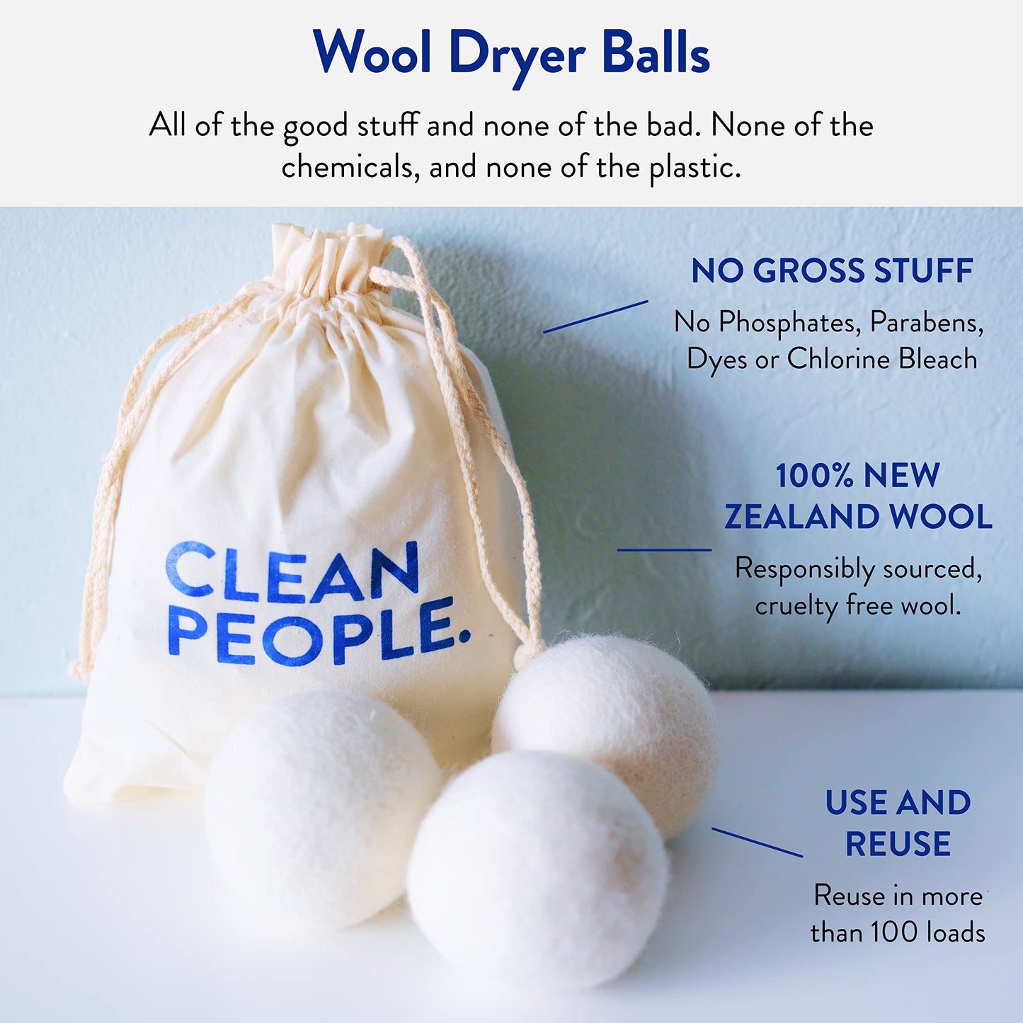 The Clean People 100% New Zealand Wool Dryer Balls - 3 Pack - for Laundry, Fabric Softening, Anti Static, No Lint, Odorless and Reusable