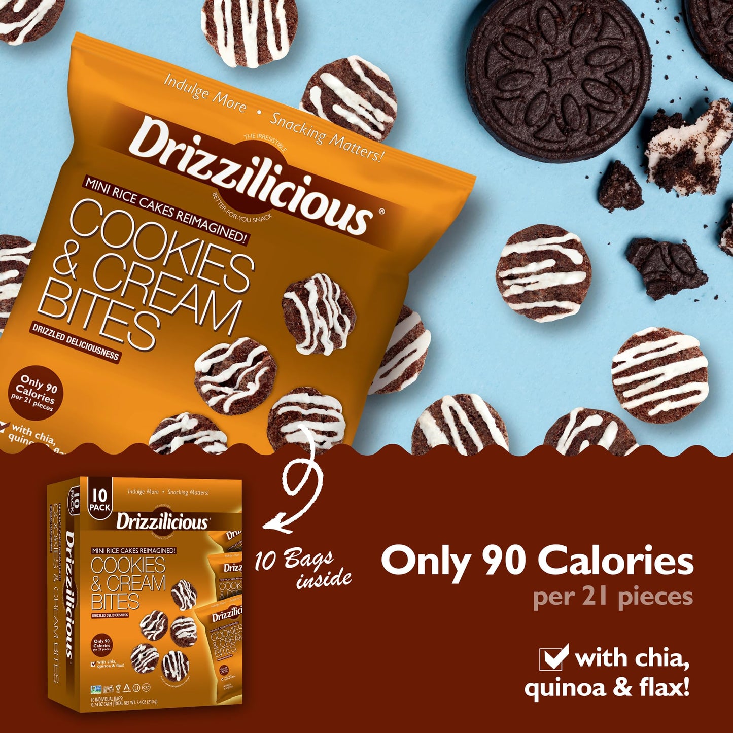 Drizzilicious Mini Flavored Rice Cakes Cookies & Cream - Rice Crisps, Healthy Snack for Adults and Kids, Vegan, Gluten Free Snack, Allergen Free, Only