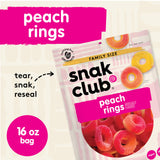 Snak Club Peach Rings Gummy Candy, Fruit Flavored Candy Gummies, Soft and Chewy, Gluten-Free and Vegan Snacks, 16 oz Resealable Bag