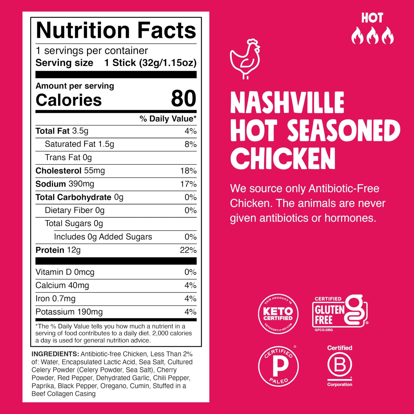 Chomps Nashville Hot Chicken Jerky Meat Snack Sticks 10-Pack - Keto, Paleo, Low Carb, Whole30 Approved, 12g Lean Meat Protein, Gluten Free, Antibiotic