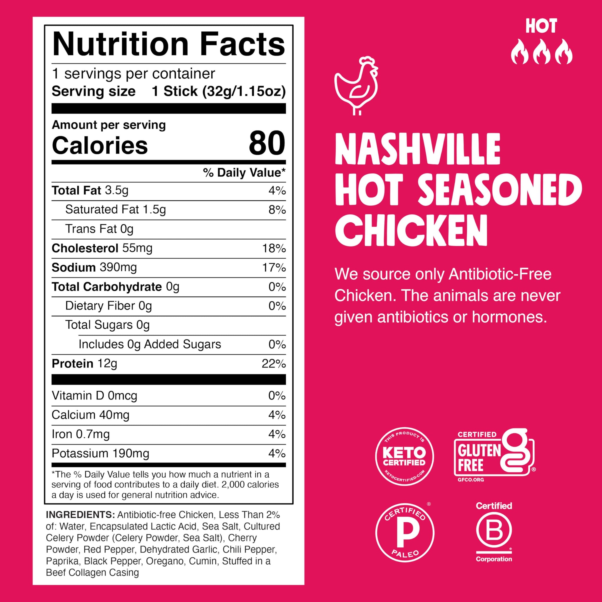Chomps Nashville Hot Chicken Jerky Meat Snack Sticks 10-Pack - Keto, Paleo, Low Carb, Whole30 Approved, 12g Lean Meat Protein, Gluten Free, Antibiotic