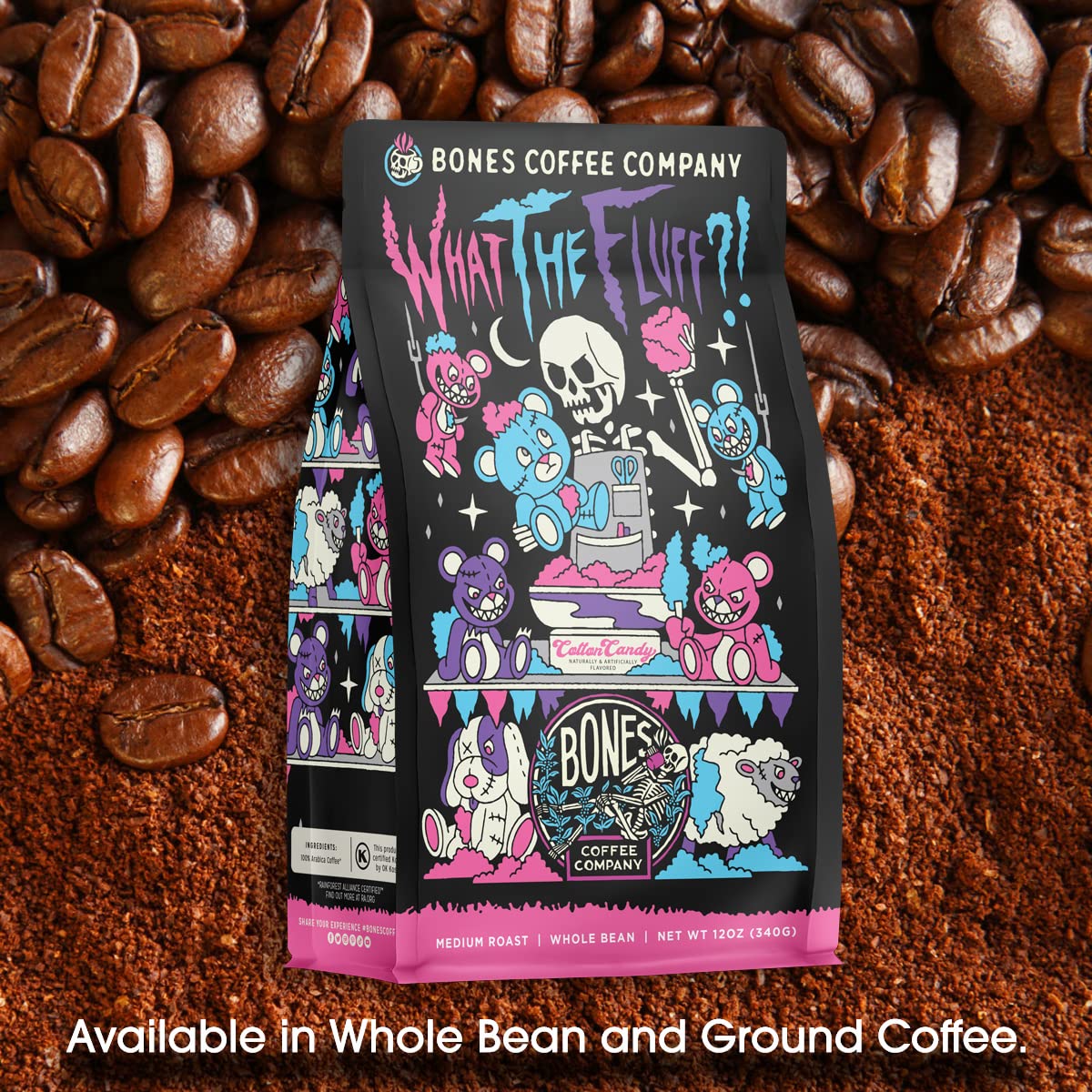 Bones Coffee Company What the Fluff?! Berry Cotton Candy Flavored Coffee, Medium Roast Low Acid Arabica Beans Compatible with Auto drip and French
