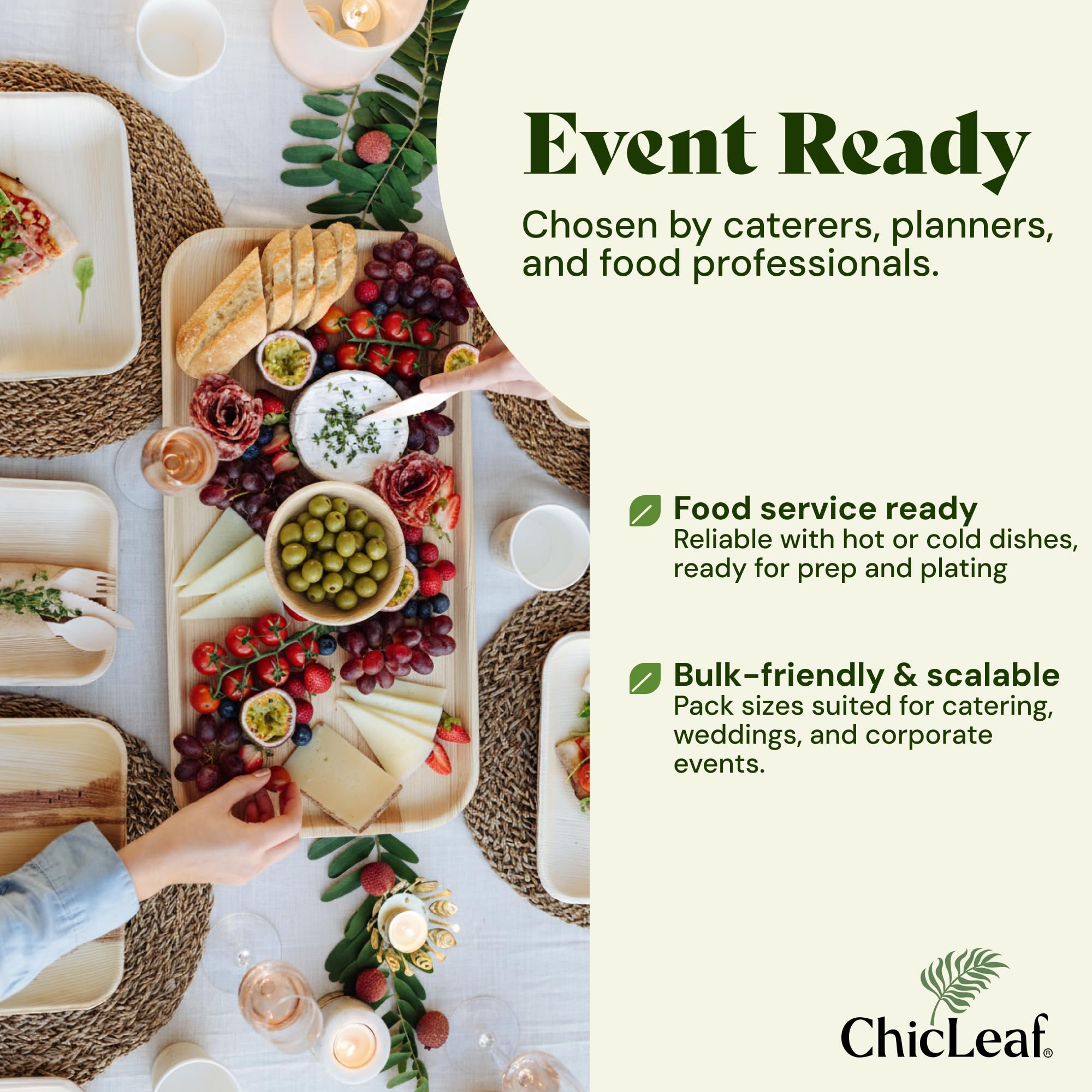 Chic Leaf Compostable Palm Leaf Serving Trays, 10x14 Inch Rectangular Disposable Platters for Charcuterie, Parties, and Catering, Heavy-Duty Microwave