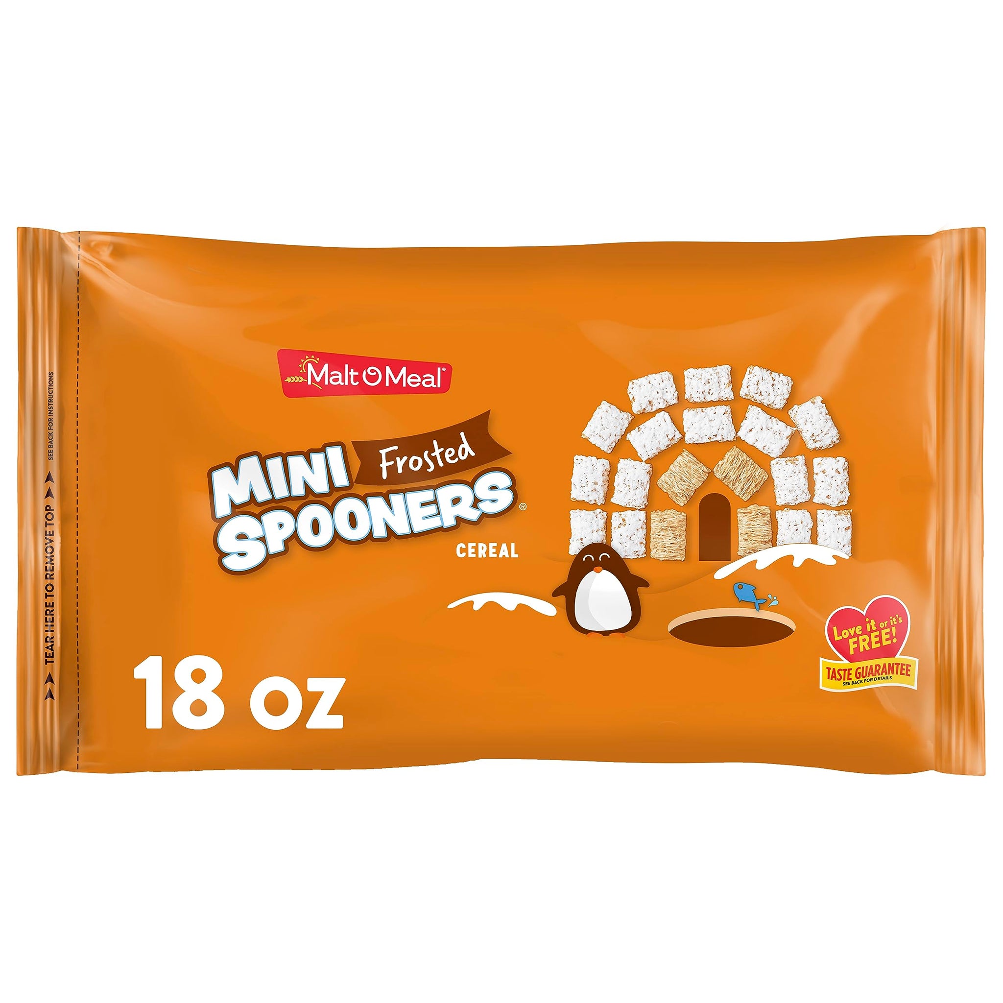 Malt-O-Meal Frosted Mini Spooners Whole Grain Breakfast Cereal, Crunchy Shredded Wheat, Large Size for Family, 18 oz Resealable Bag