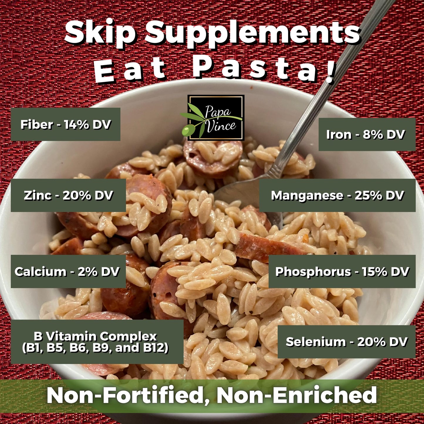 Papa Vince Organic Whole Wheat Non Enriched Orzo Pastina: Low Gluten Italian Pasta made in Italy from Organic Non GMO Khorasan Ancient Grain grown in