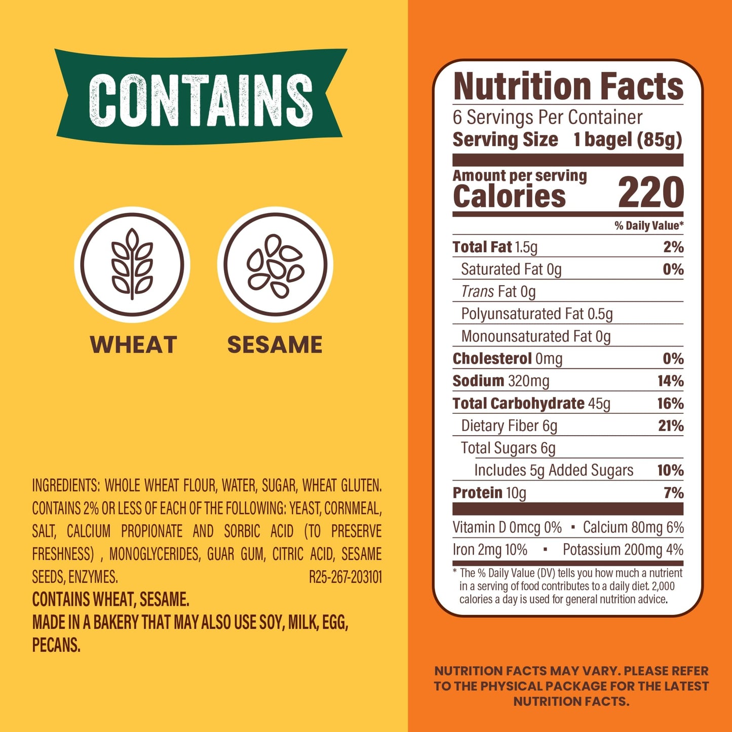 Thomas' 100% Whole Wheat Bagels, 6 count, (3.0 oz each), Excellent Source Of Fiber, Kosher Whole Grain Bagels, 18 oz Bag