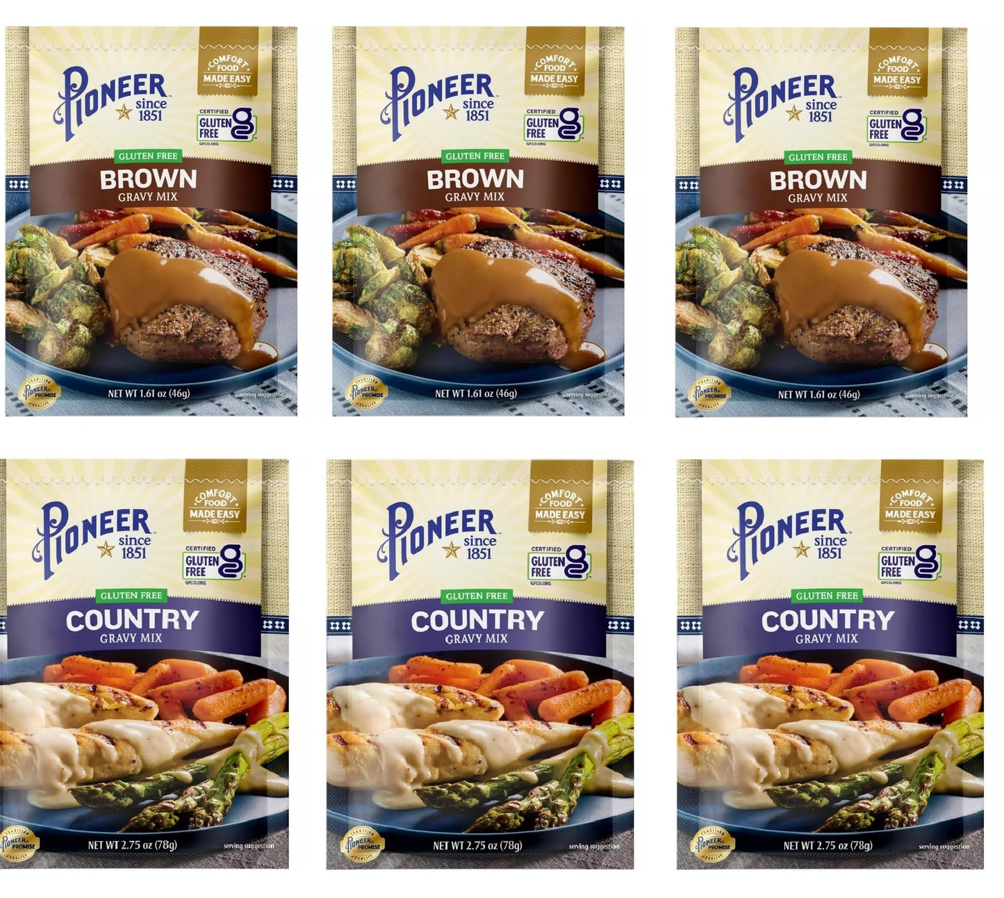 Pioneer Gluten Free Country & Brown Gravy - 6 Packages - 3 Brown Gravy (1.61oz Each) and 3 Country Gravy (2.75oz Each)