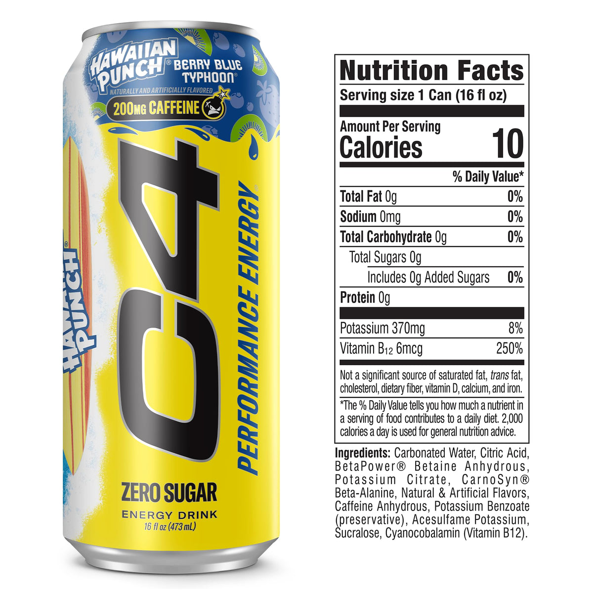 C4 Performance Energy Drink with Zero Sugar, Berry Blue Typhoon, 12pk