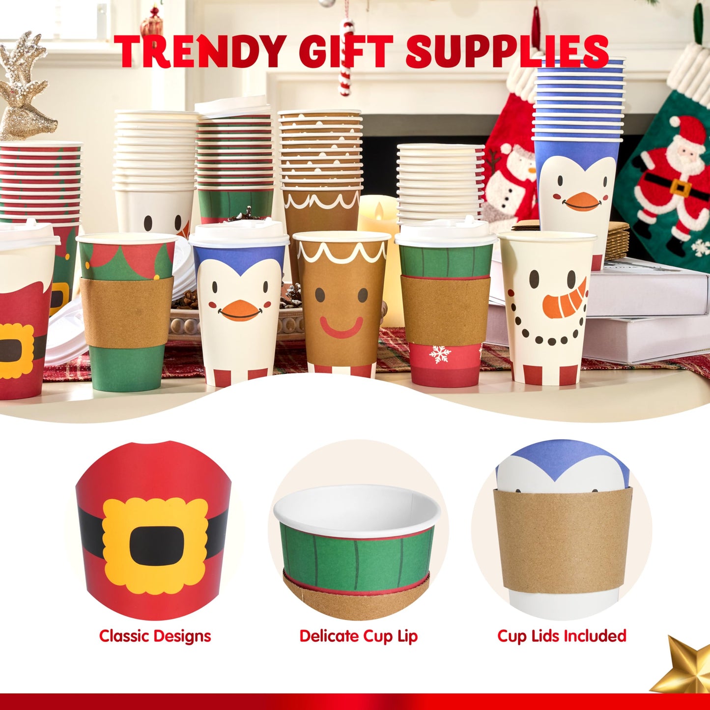 JOYIN 72 Pcs Christmas Disposable Cups with Sleeves and Lids, 4 Designs Xmas Drinkware 16 oz Paper Cup For Hot Chocolate Coffee Cold Beverage