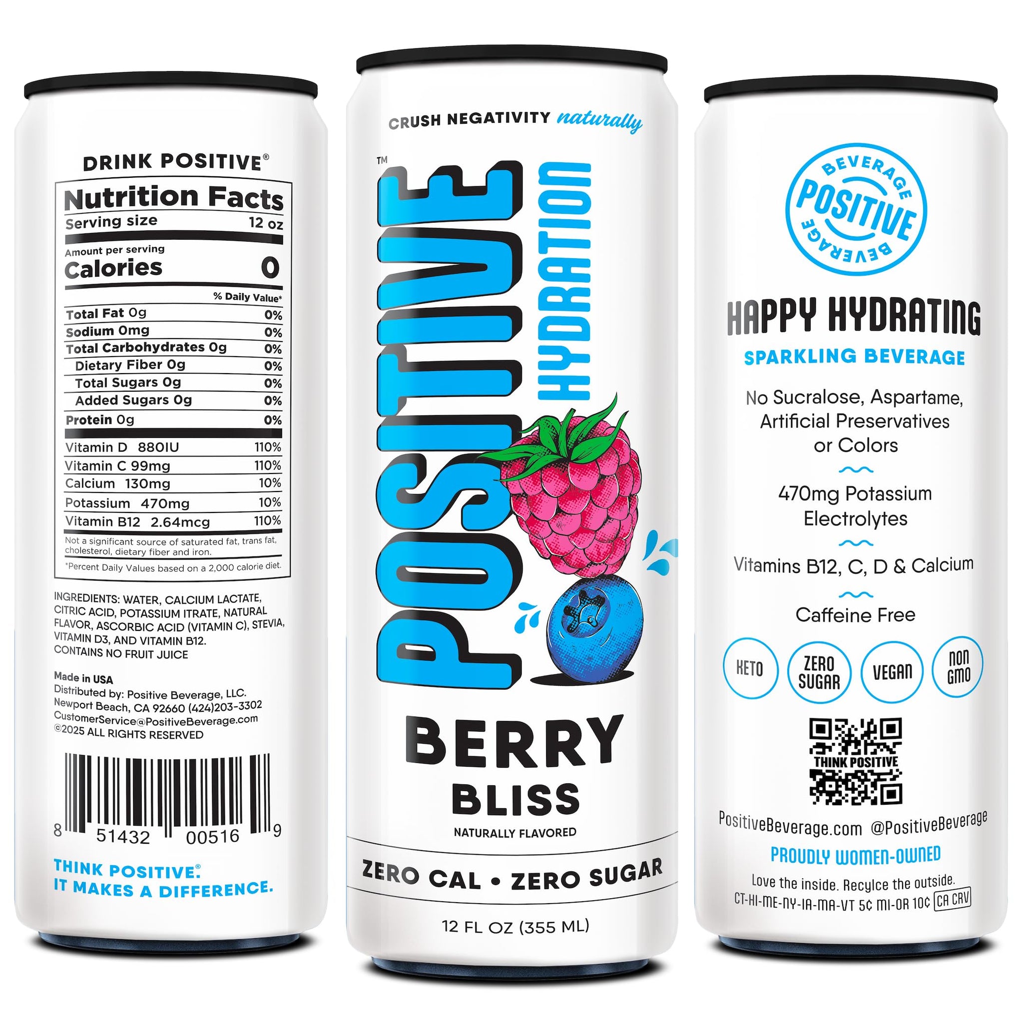 Positive Hydration Berry Bliss | 12-oz Cans (12-Pack) | Zero-Calorie Electrolyte Drink with Essential Vitamins, Calcium, and Hydration Support