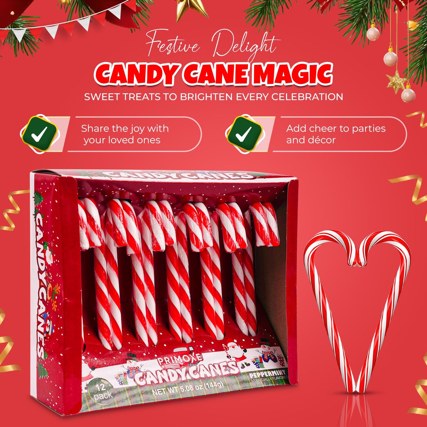 Christmas Candy Canes 12 Pack - Classic Red & White Peppermint Cane Sticks Individually Wrapped - Bulk Christmas Candy for Holiday Treats