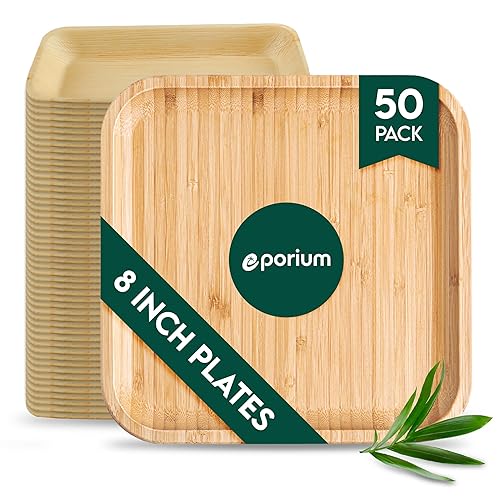 EPORIUM 8 Inch Square Palm Leaf Plates (50-Pack) I Compostable Disposable Dinnerware | Premium Quality I Eco-Friendly Plates Sustainable Heavy Duty