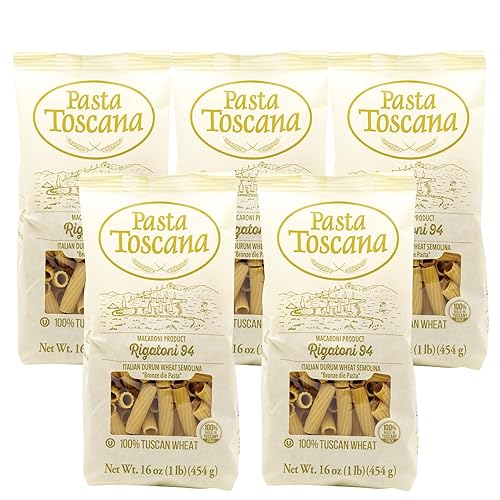 Pasta Toscana | Bronze Die Pasta | Italian Durum Wheat Semolina | Bronze die Pasta, 16 oz (Pack of 5, Rigatoni)