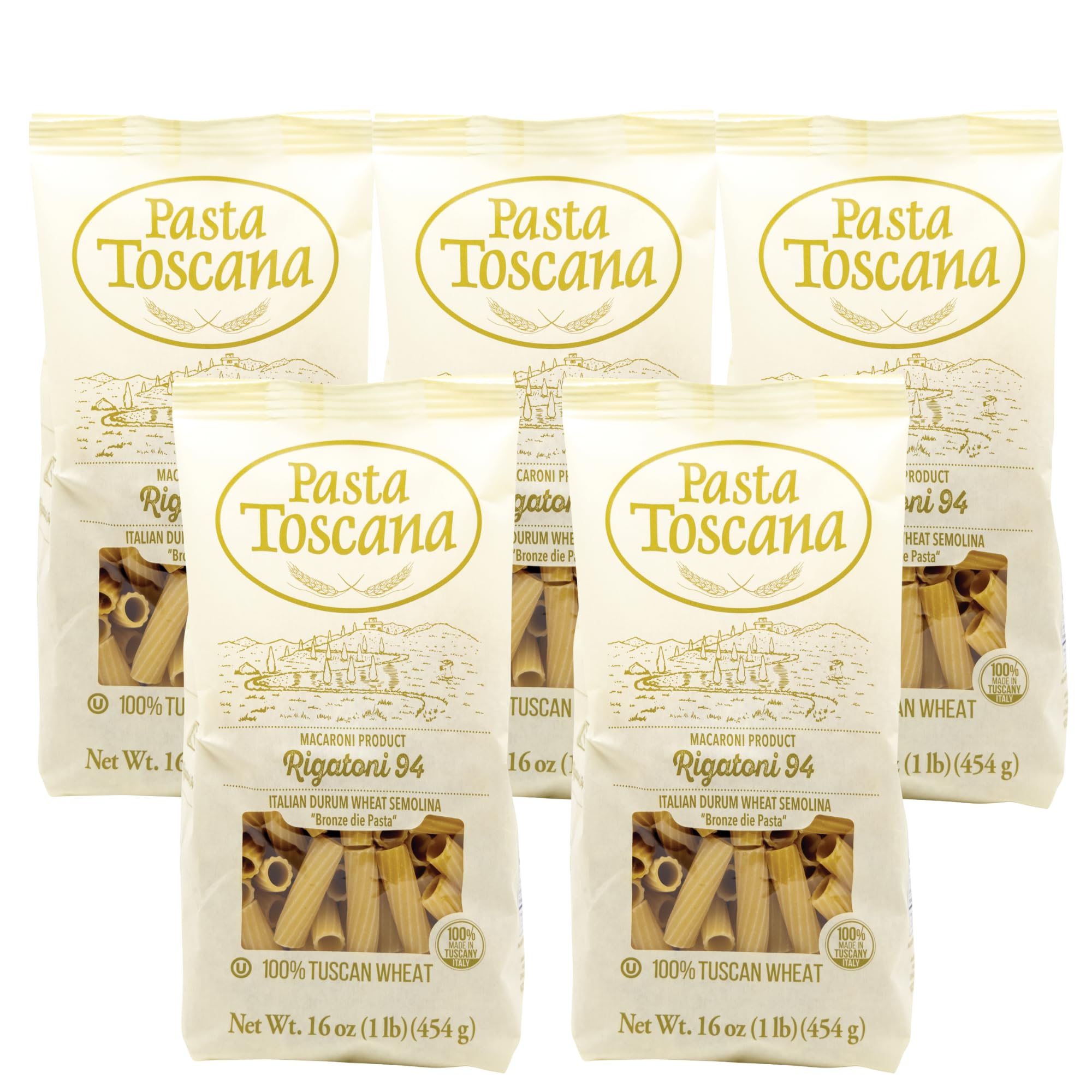Pasta Toscana | Bronze Die Pasta | Italian Durum Wheat Semolina | Bronze die Pasta, 16 oz (Pack of 5, Rigatoni)