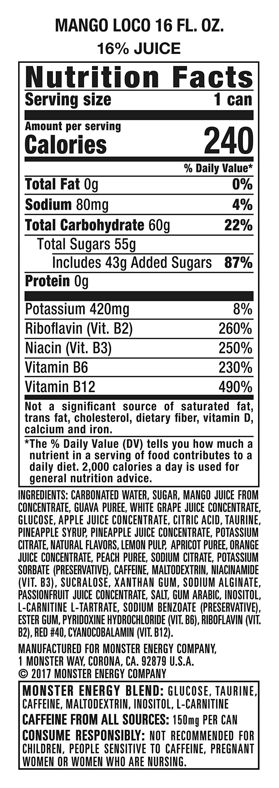 Monster Energy Juice Monster Mango Loco, Energy + Juice, Energy Drink, 16 Ounce (Pack of 12)