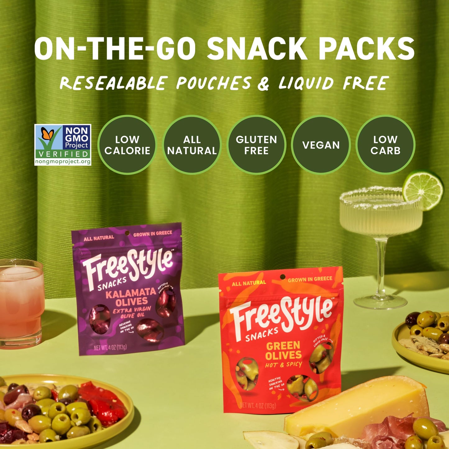 Freestyle Snacks Olive Snack Packs - As Seen on Shark Tank - Fresh Pitted Green Olives, Jumbo-Sized, Grown in Greece, All Natural, Non-GMO