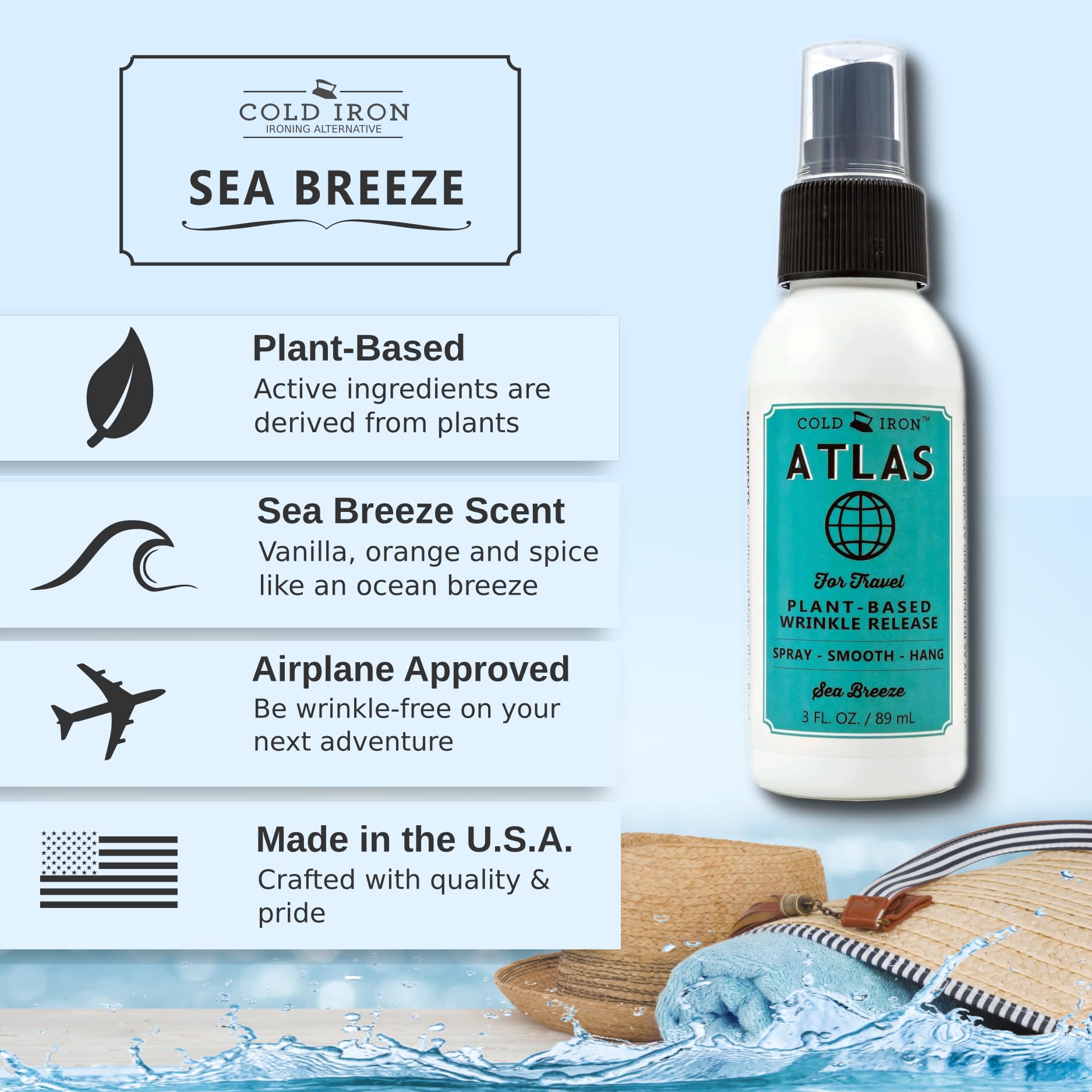 Cold Iron Wrinkle Release Spray for Clothes. 32 fl oz. Citrus Mint & Atlas Travel Size 3 fl oz Sea Breeze. Fast, Easy to Use Ironing Alternative