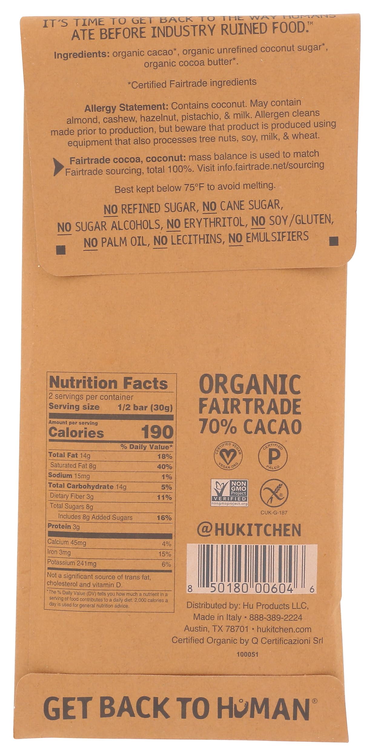 Hu Kitchen Organic Simple Dark Chocolate Bar, 2.1 OZ