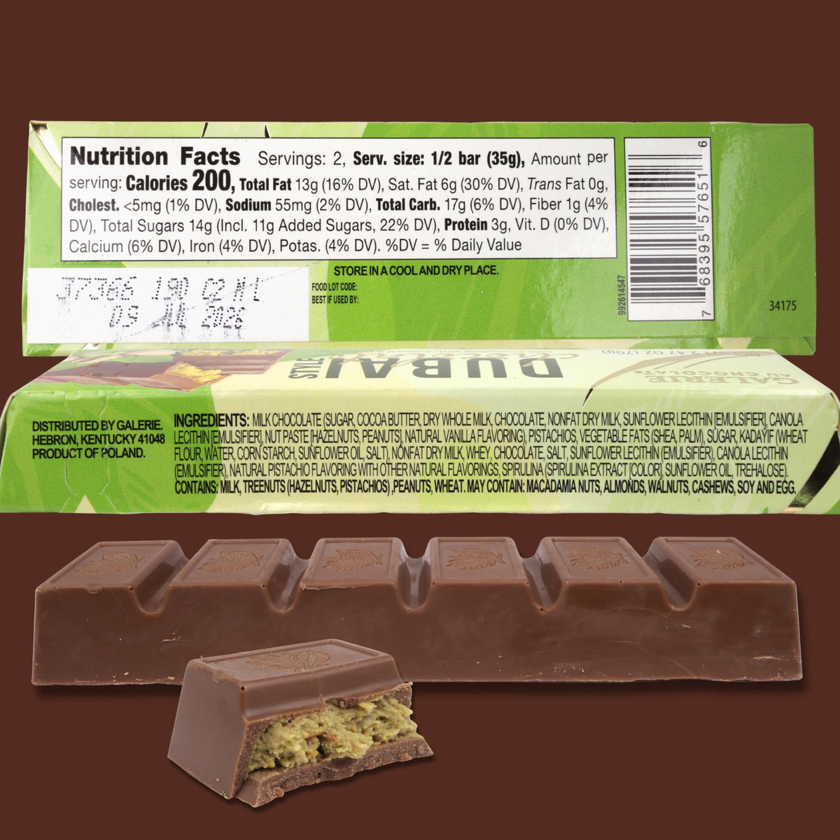 Dubai Chocolate Bar, Milk Chocolate with Pistachio and Kadayif Filling, Gourmet Candy Gift, 2.47 Ounces
