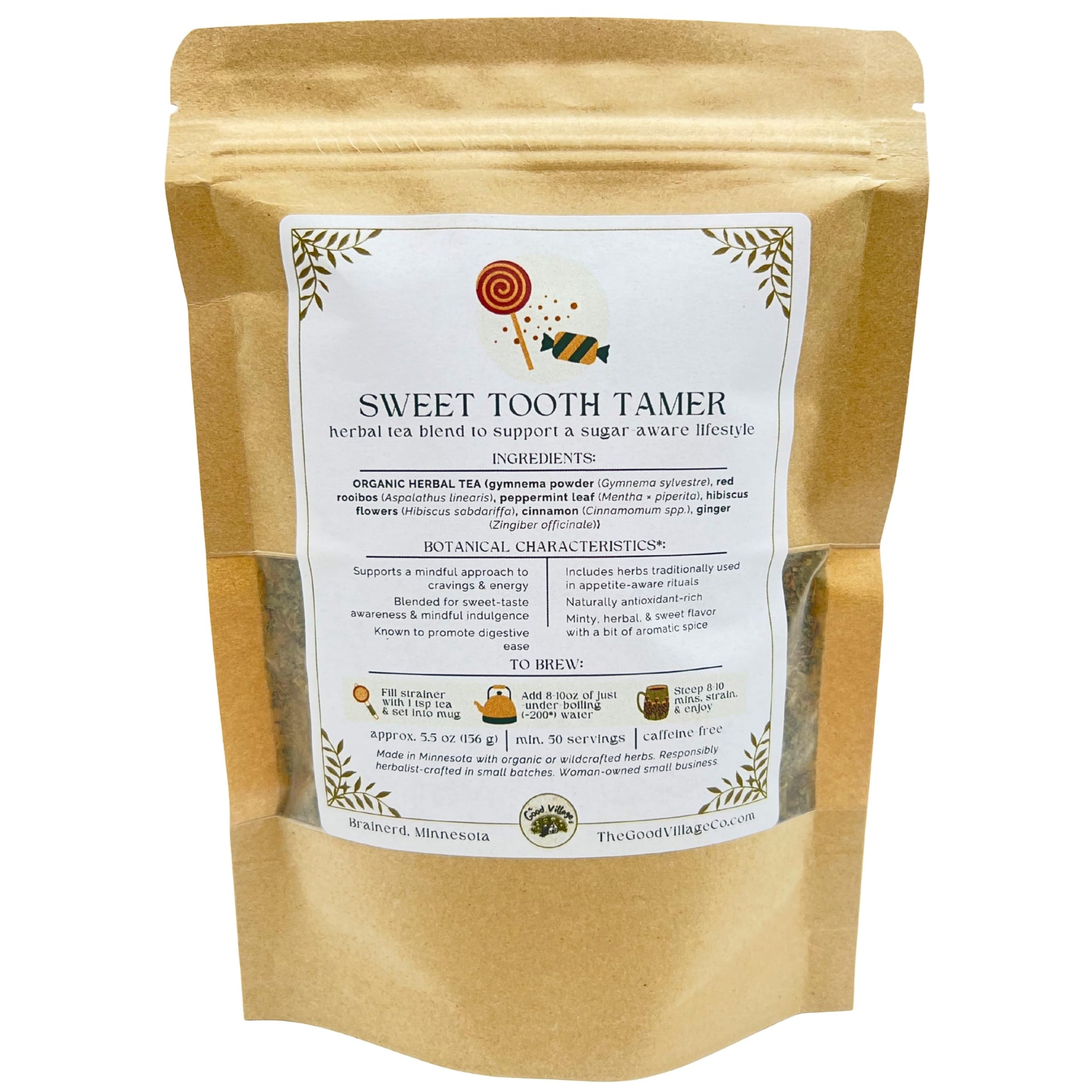 The Good Village Co. Sweet Tooth Tamer Loose Leaf Herbal Tea, Caffeine Free Botanical Blend with Gymnema, Rooibos, Peppermint, Hibiscus, Cinnamon