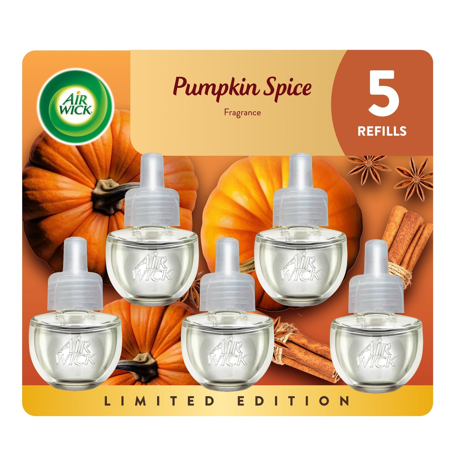 Air Wick Plug in Scented Oil Refill, 5 ct, Pumpkin Spice, Air Freshener, Essential Oils, Fall Scent, Fall Decor