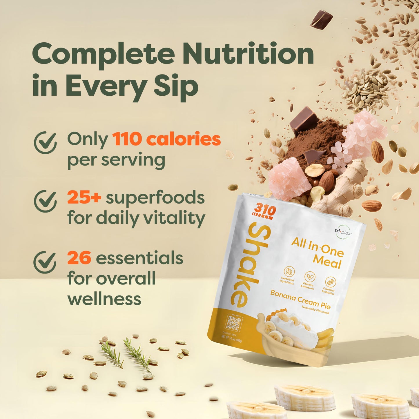 310 Nutrition All-in-One Plant-Based Meal Replacement Shake - High-Fiber Protein with Probiotics, Digestive Enzymes & Adaptogens - Vegan, Low Carb