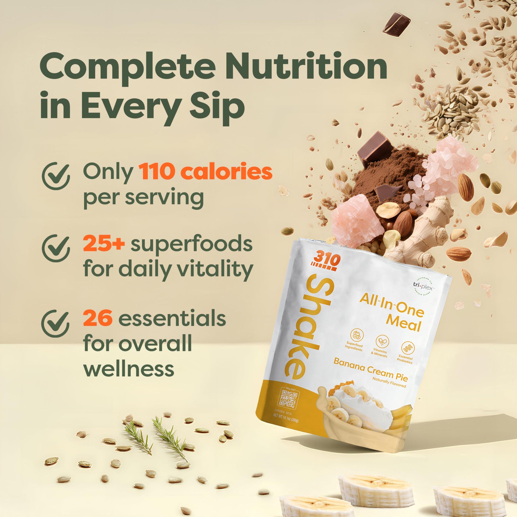 310 Nutrition All-In-One Plant-Based Meal Replacement Shake - High-Fiber Protein with Probiotics, Digestive Enzymes & Adaptogens - Vegan, Low Carb
