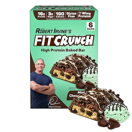 FITCRUNCH Snack Size Protein Bars, Designed by Robert Irvine, 6-Layer Baked Bar, 3g of Sugar, Gluten Free & Soft Cake Core (6 Bars, Mint Chocolate
