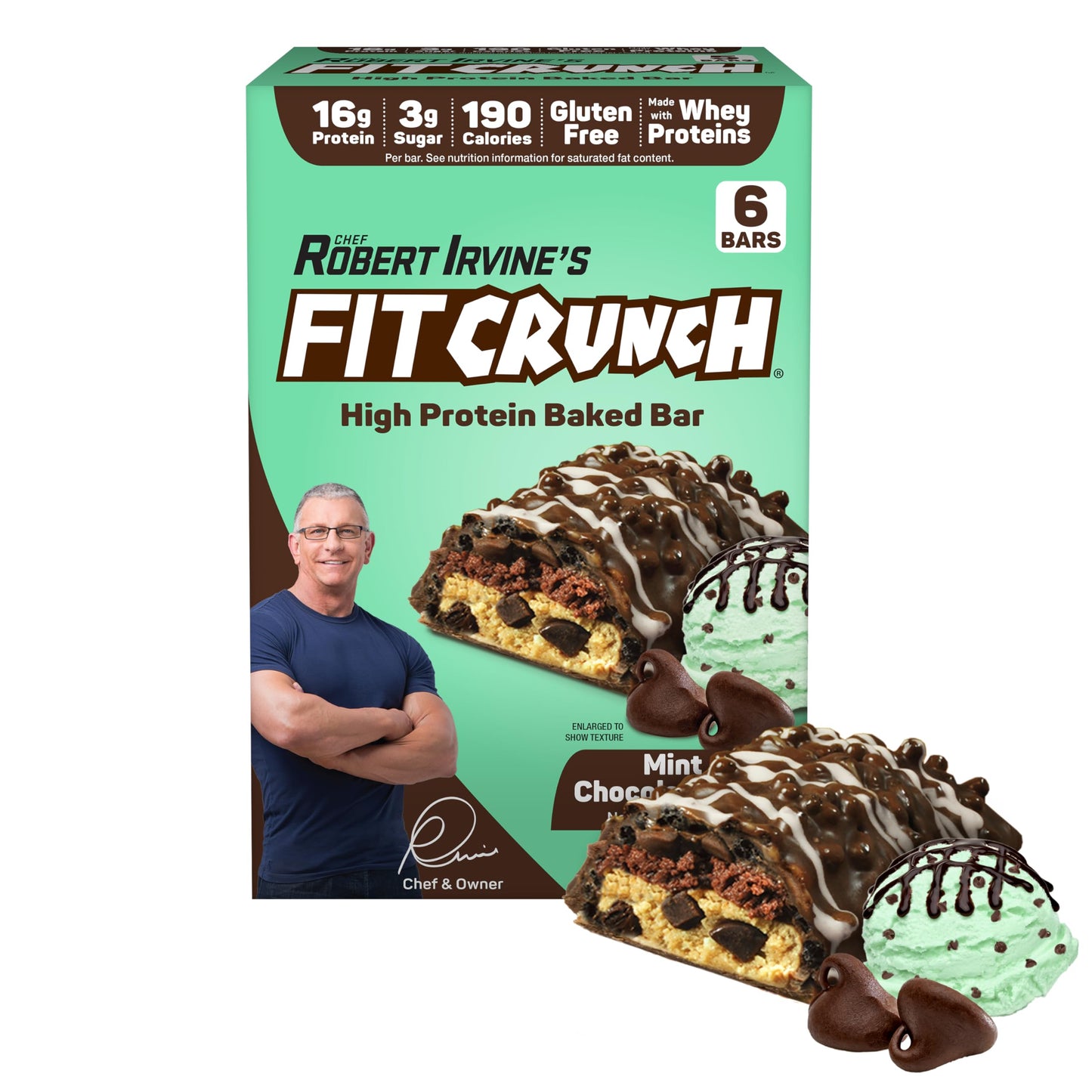 FITCRUNCH Snack Size Protein Bars, Designed by Robert Irvine, 6-Layer Baked Bar, 3g of Sugar, Gluten Free & Soft Cake Core (6 Bars, Mint Chocolate