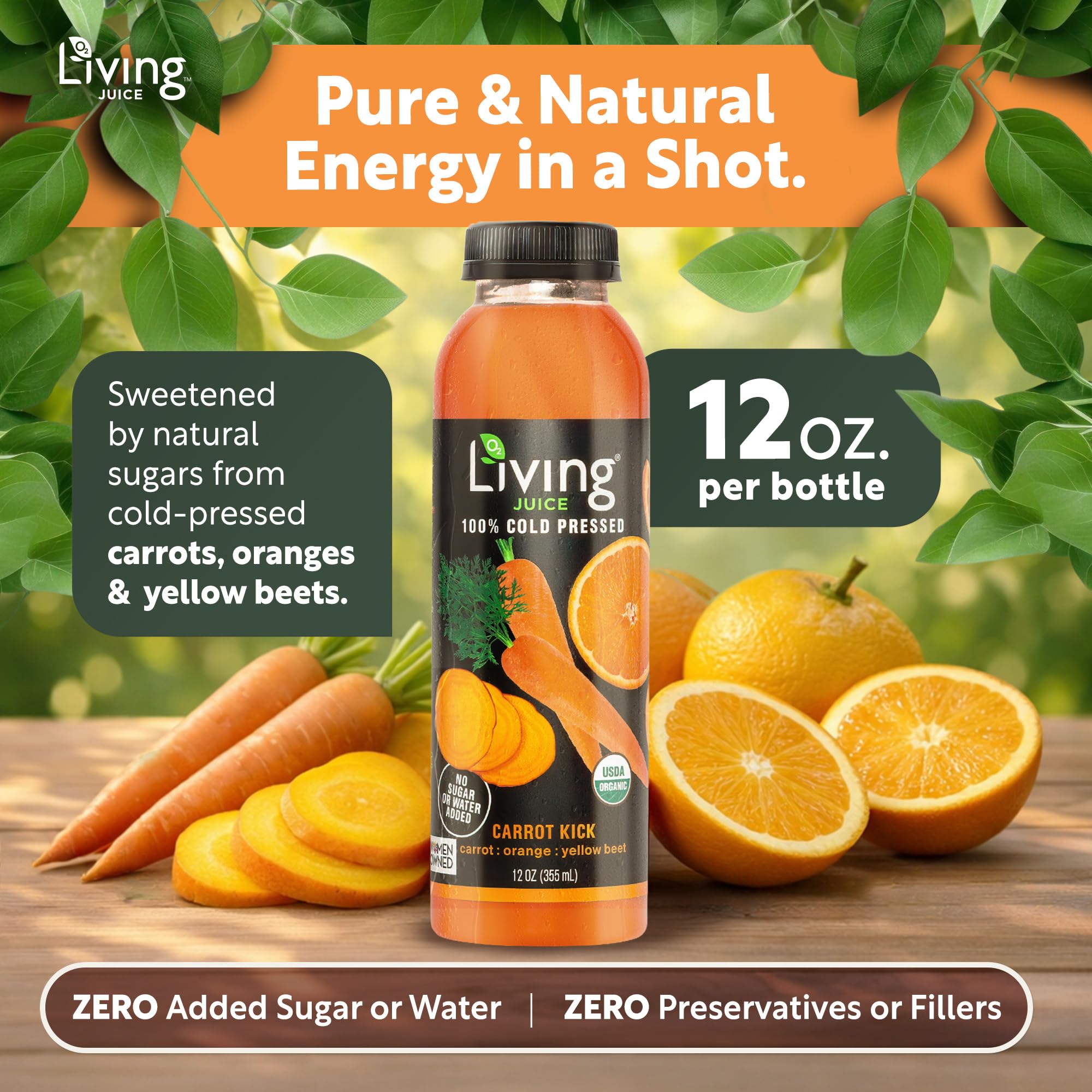 O2 Living Juice Cold Pressed Drink - Carrot Kick Organic Juice Pack - No Added Sugars or Water, Naturally Sweetened from Fruits, Rich in Nutrients