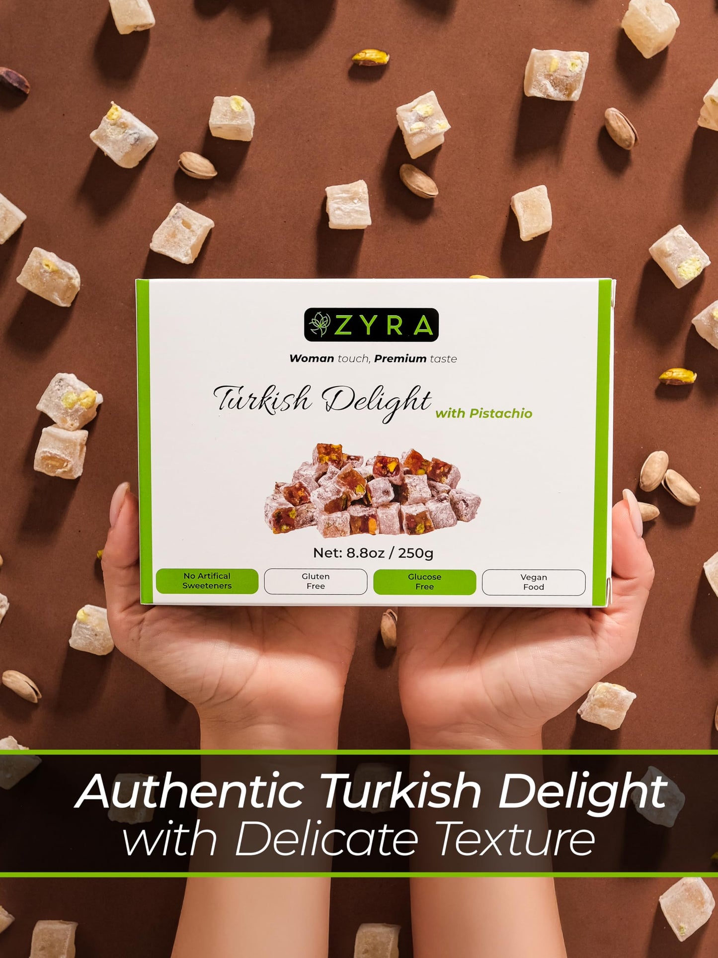 ZYRA Turkish Delight with Pistachio - 8.8oz - Woman Owned Brand - Luxury with Roasted Pistachio - Authentic Premium Lokum Confectionery - Gifts