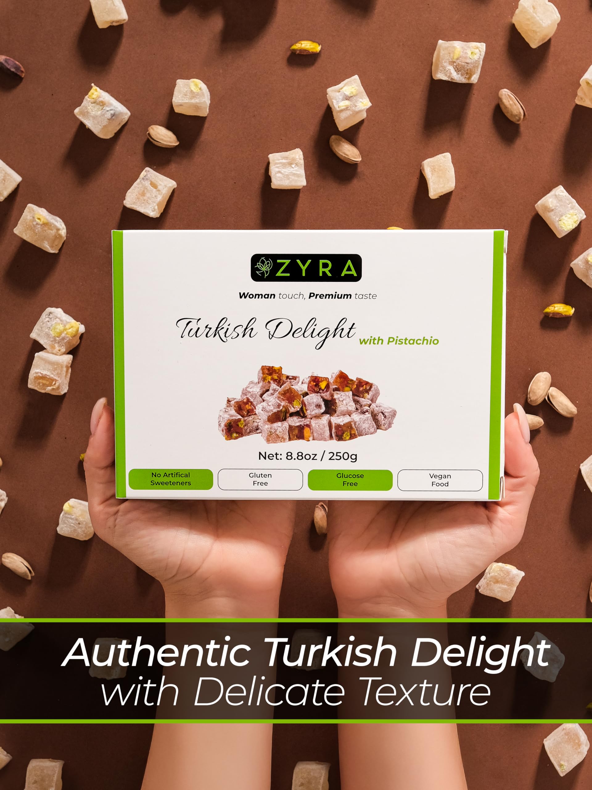 ZYRA Turkish Delight with Pistachio - 8.8oz - Woman Owned Brand - Luxury with Roasted Pistachio - Authentic Premium Lokum Confectionery - Gifts