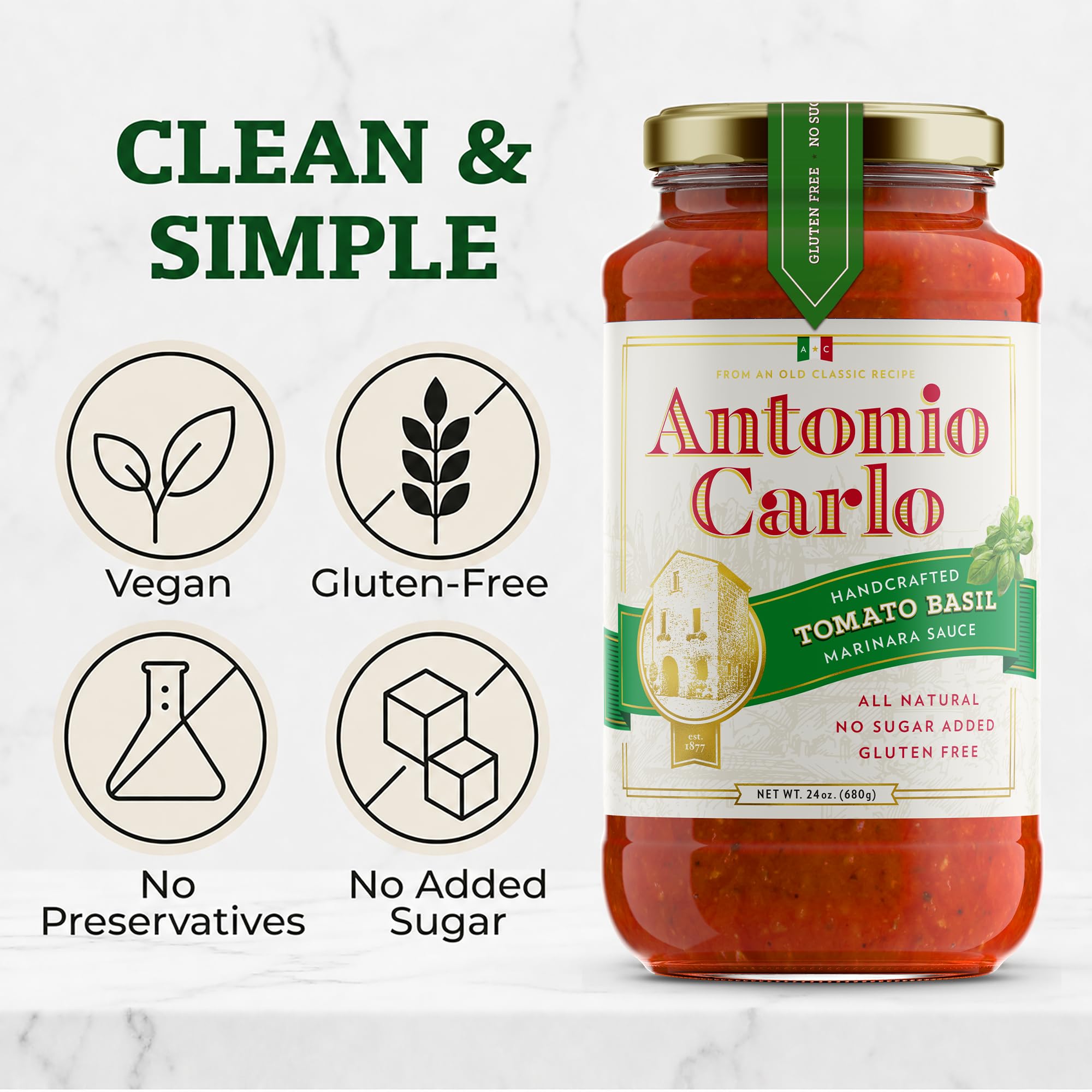 NEW! Antonio Carlo Authentic Italian (3 Generations) Handmade Gourmet Marinara Sauce - FRESH, No Preservatives, Vegan Marinara Spaghetti & Pasta Sauce