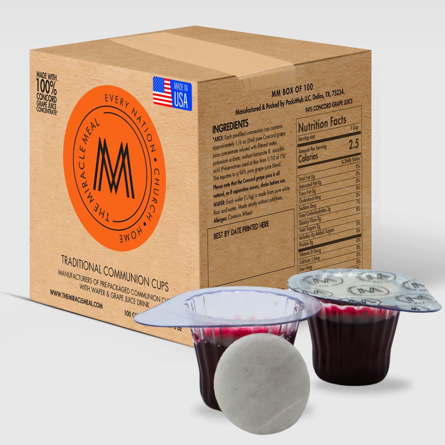 The Miracle Meal Easy Open Larger Tab - The Miracle Meal Pre Filled Traditional Communion Cup - Box 100 with wafer and 100% Concord grape juice.