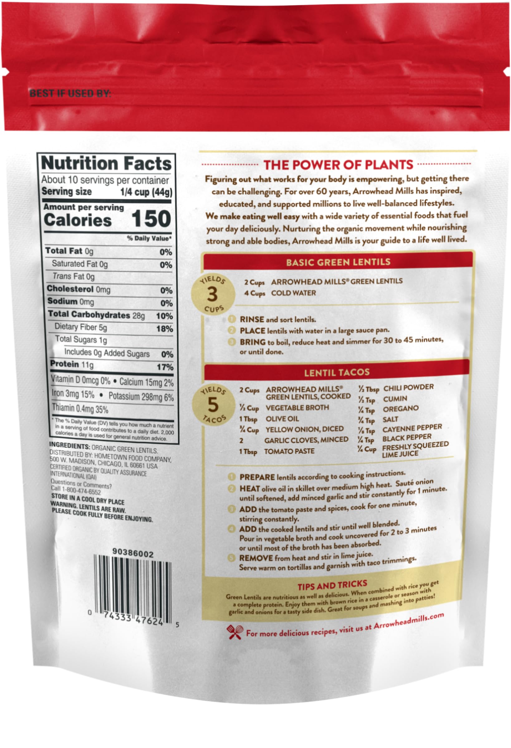 Arrowhead Mills Organic Green Lentils, 16 oz Bag