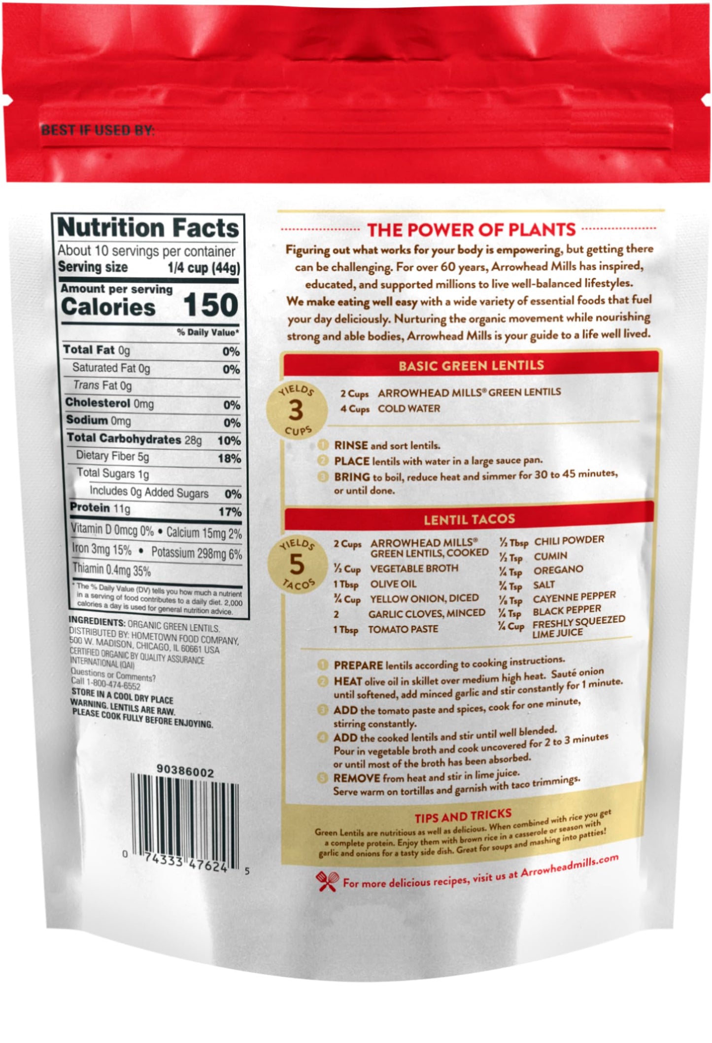 Arrowhead Mills Organic Green Lentils, 16 oz Bag (Pack of 6)