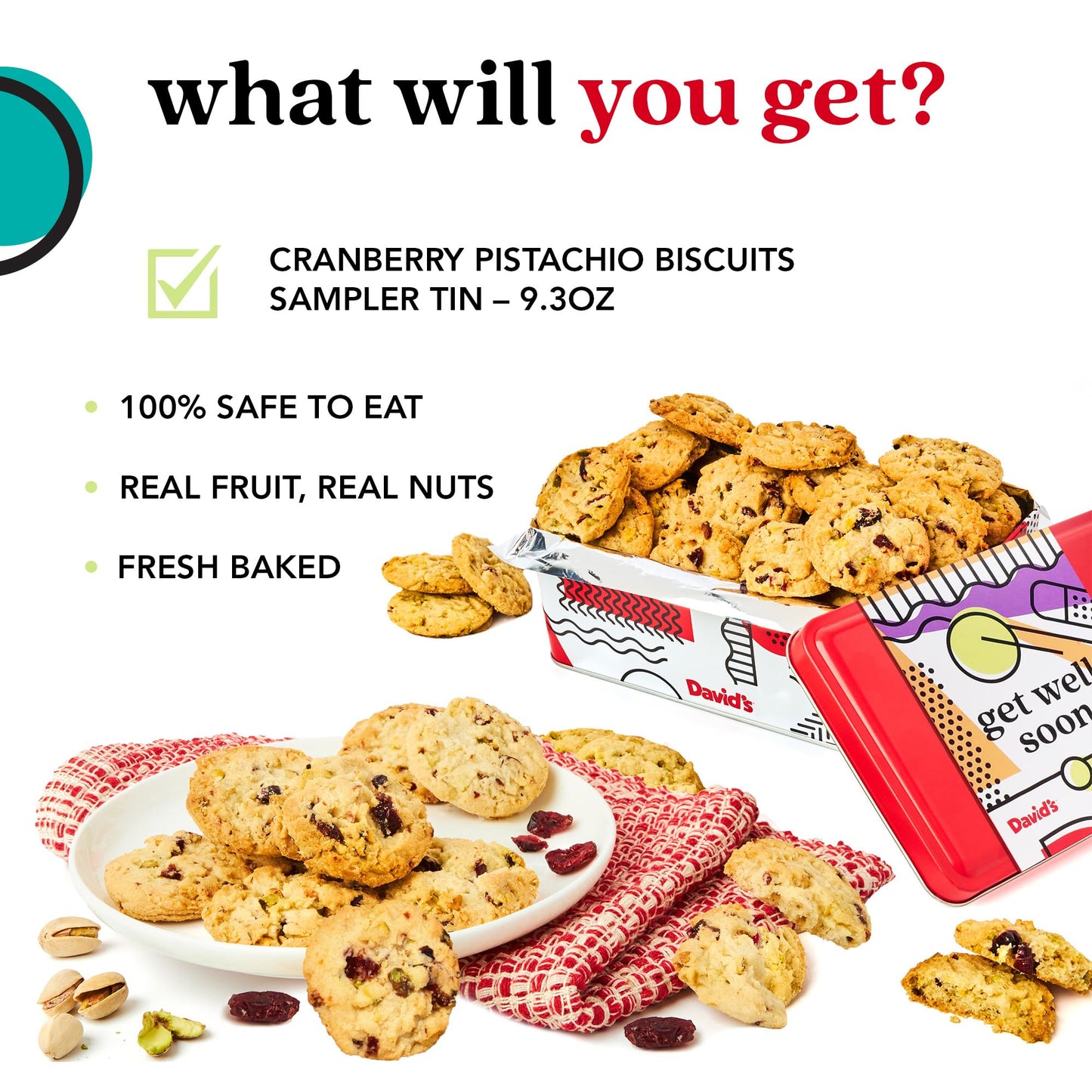 David's Cookies Get Well Soon Cookie Gift Basket - Gourmet Bakery Dessert Gift for Recovery, Comfort and Appreciation Occasions - Cranberry Pistachio