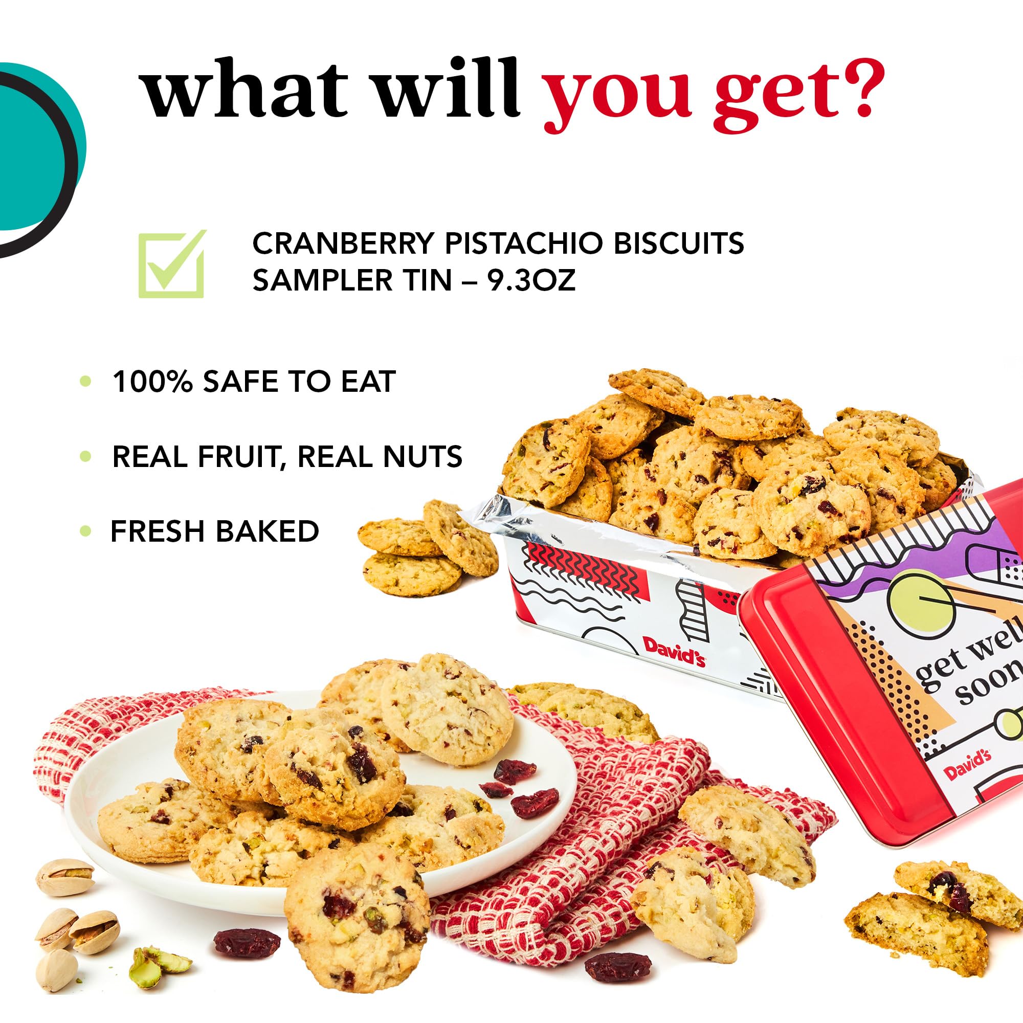 David's Cookies Get Well Soon Cookie Gift Basket - Gourmet Bakery Dessert Gift for Recovery, Comfort and Appreciation Occasions - Cranberry Pistachio