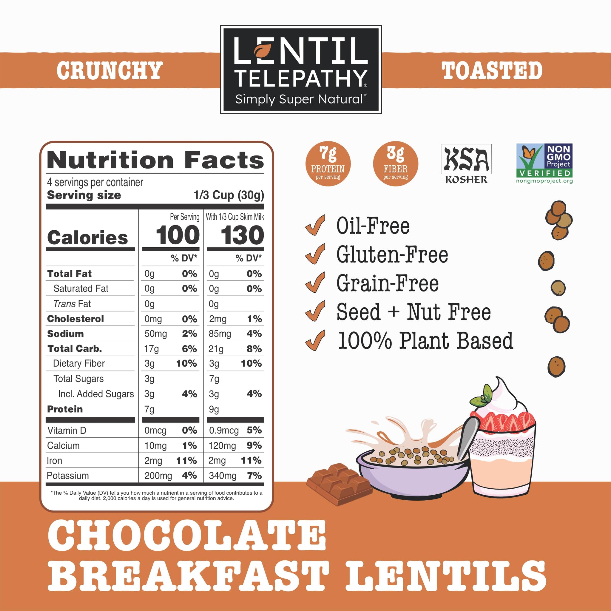 Lentil Telepathy Chocolate Breakfast Lentils, Crunchy High Protein Cereal & Granola Alternative, Plant Based, Gluten Free, Non-GMO, 4 oz