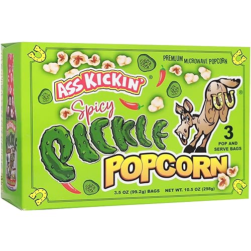 ASS KICKIN' Spicy Pickle Microwave Popcorn Bags - 6 Pack - Ultimate Spicy Pickle Gourmet Popcorn Gift - Makes a Great Movie Theater Popcorn or Snack