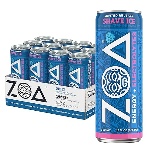 ZOA Sugar Free Energy Drink with Electrolytes, Blue Raspberry Shave Ice, Vitamin C, B Vitamins + Amino Acids, 160 mg Green Tea Caffeine, Zero Sugar