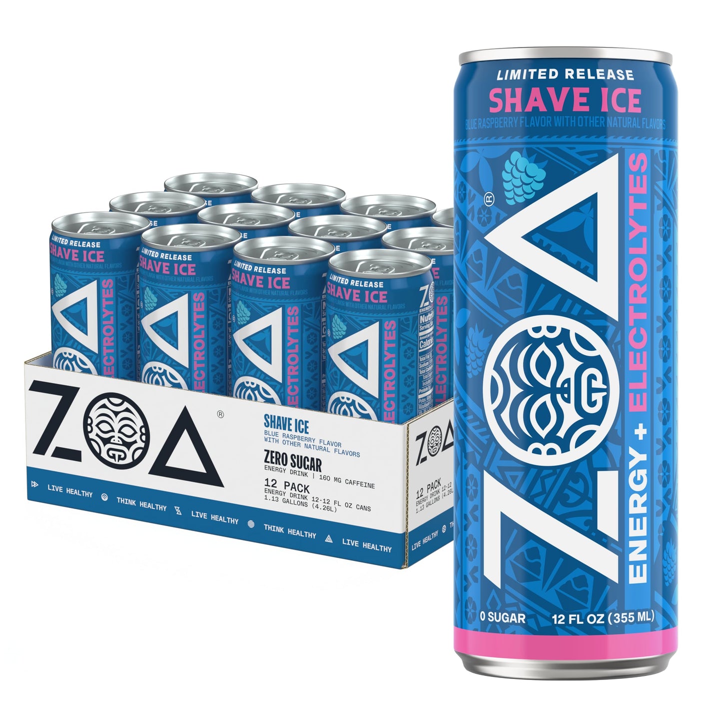 ZOA Sugar Free Energy Drink with Electrolytes, Blue Raspberry Shave Ice, Vitamin C, B Vitamins + Amino Acids, 160 mg Green Tea Caffeine, Zero Sugar