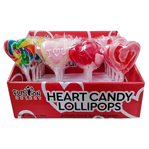 Fusion Select 24 Heart Shaped Lollipops Candy - Sweet Heart Lollipop for Party Bag Fillers, Pinata Stuffers - Ideal for Valentine's Day, Mother's Day