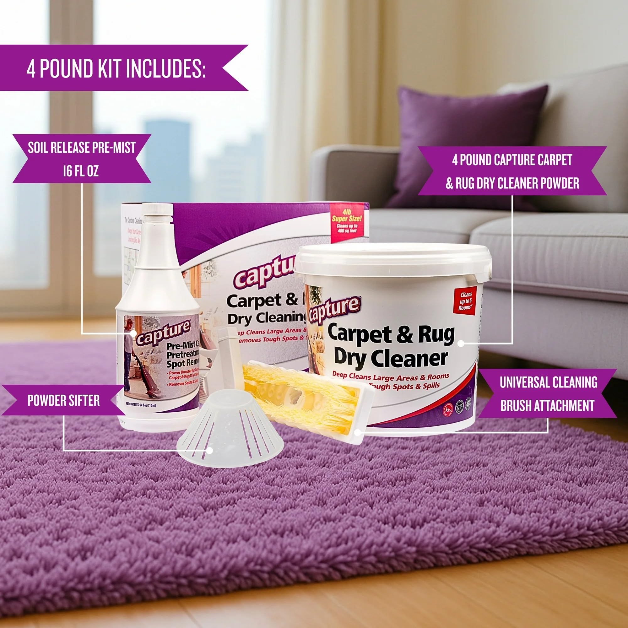 Capture Carpet Total Care Kit 400 - Carpet Deodorizer & Freshener Powder - Spot & Stain Remover - Pet Odor Eliminator - Fresh Natural Scent - Dry Rug