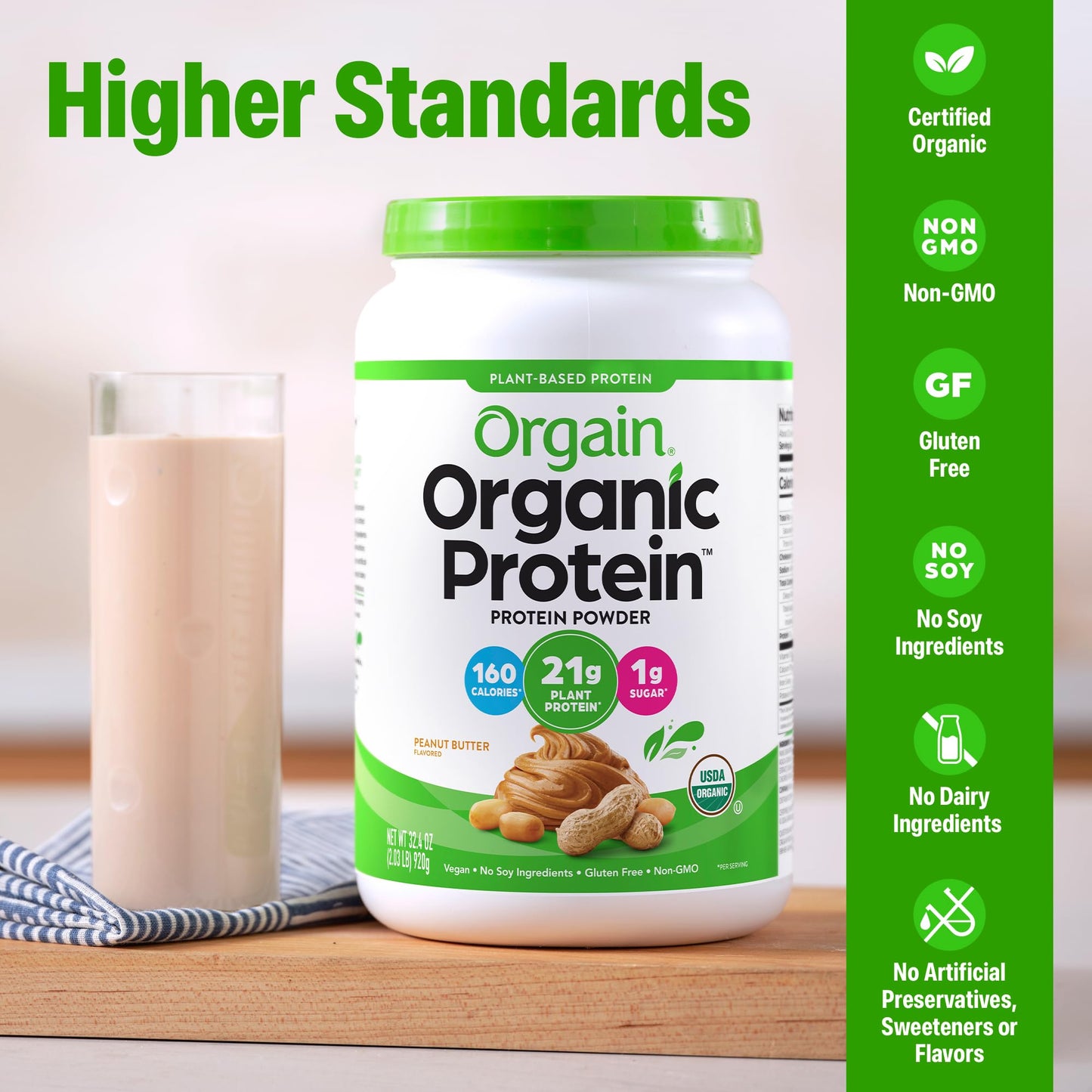 Orgain Organic Vegan Protein Powder, Peanut Butter - 21g Plant Protein, 7g Prebiotic Fiber, Low Net Carb, No Dairy Ingredients, No Added Sugar