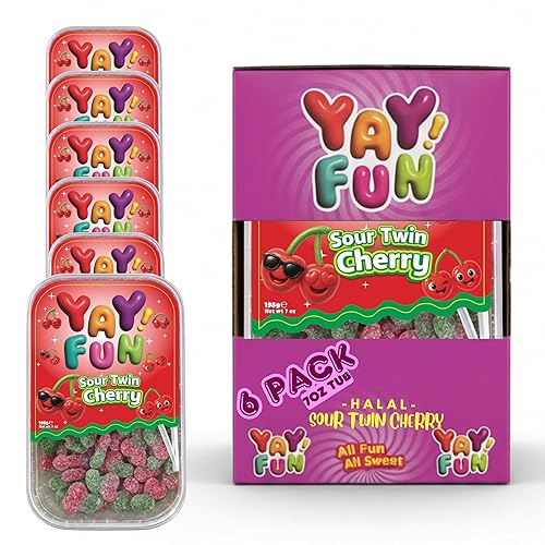 Halal Sour Twin Cherry Gummy Candy | 6 Pack Bundle (6x7 oz Tubs) | Chewy Sugar-Coated Cherry Gummies | Resealable Tubs in Bulk with Display Box |