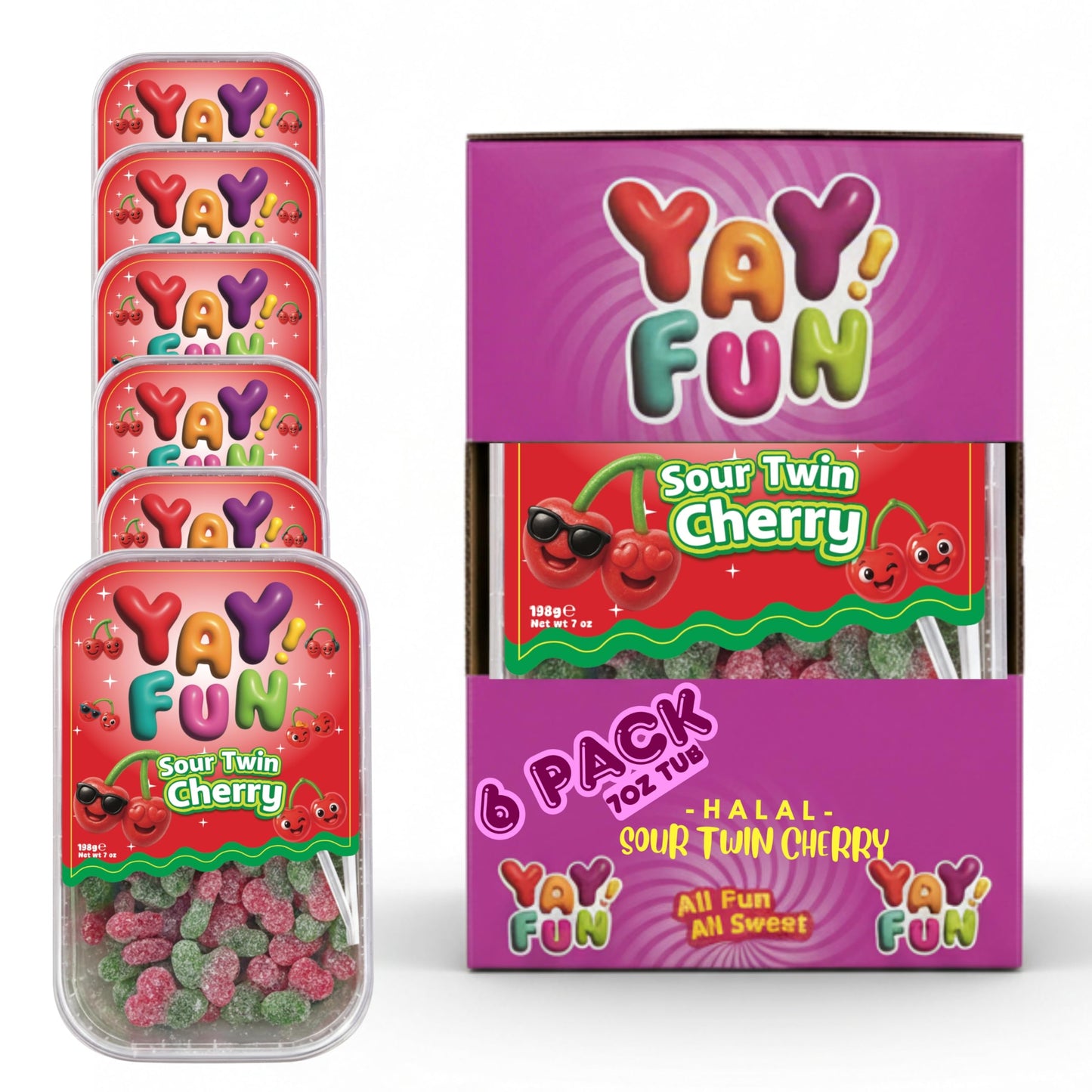 Halal Sour Twin Cherry Gummy Candy | 6 Pack Bundle (6x7 oz Tubs) | Chewy Sugar-Coated Cherry Gummies | Resealable Tubs in Bulk with Display Box |