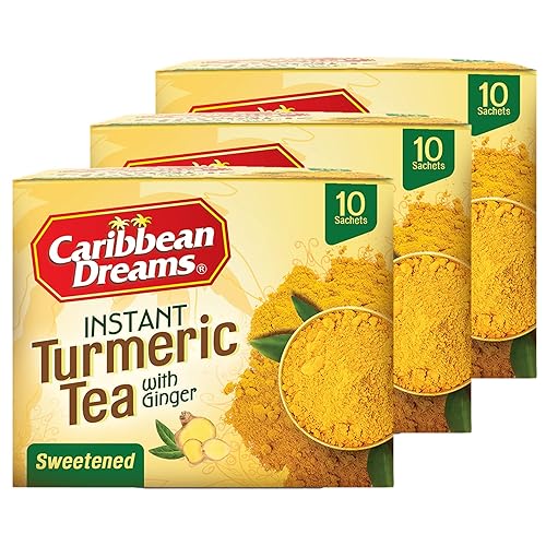 Caribbean Dreams Instant Turmeric Tea with Sugar (3 Packs with 10 x 18g Bags - Total 30 Tea Bags)